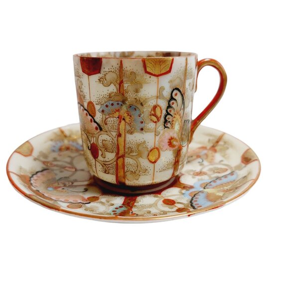 Vintage 1930s Butterfly Teacup & Saucer Set Japanese Eggshell Porcelain Miniatur - Picture 2 of 14